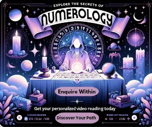 banner ad for a Numerology reading, in a mystical setting with person at table and constalations and candles in the background.
